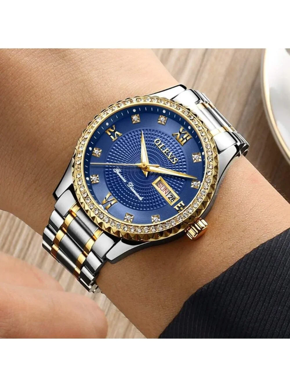 Mens Silver Blue Diamond Stainless Steel Waterproof Luminous Analog Luxury Watch